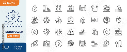 Hydropower line editable icon set. Containing Hydropower energy, dam, turbine, generator, renewable energy, and more. Editable stroke. Vector illustration