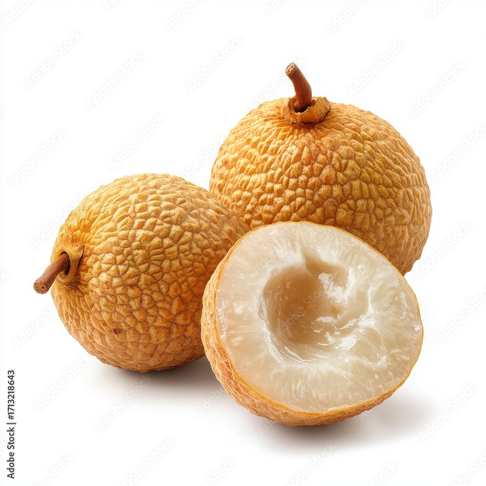 Fototapeta premium Fresh longan fruits, featuring textured brown skin and translucent flesh, create a vibrant display.
