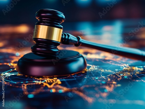 A dark wooden gavel with a gold band rests on a vibrant digital world map, illuminated by blue and orange lights.  The image symbolizes global justice and legal concepts