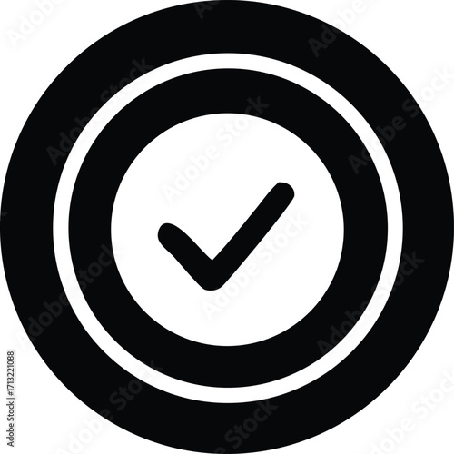 Circular target with a bold check mark inside representing success achievement confirmation and completion symbol