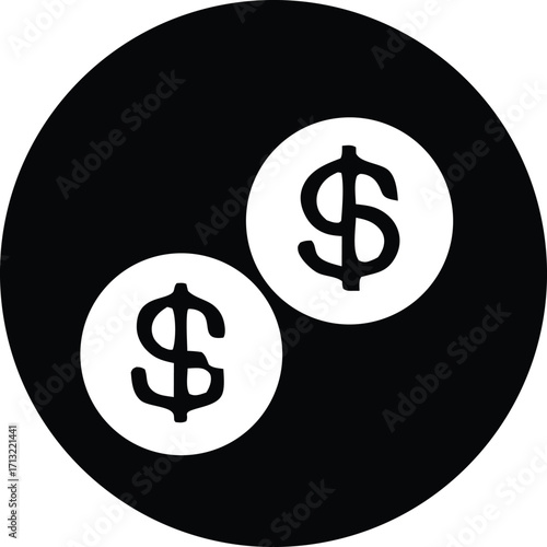 Two white dollar coins inside a black circle symbolizing financial exchange and monetary value