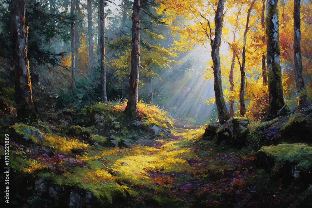 Naklejka premium Golden light streams through a peaceful autumn forest scene with vibrant foliage and mossy ground. High quality
