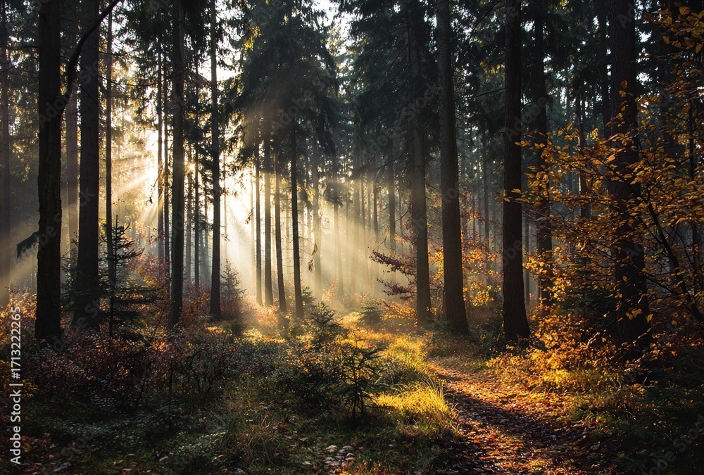 Obraz premium Morning sunrays in late autumn forest. High quality