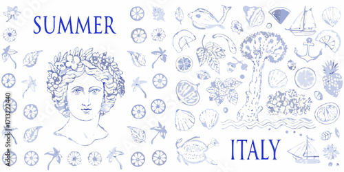 Whimsical hand drawn summer collage with roman bust lemons flowers seashells and sailboats