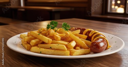 Plate of crispy fries and sausage with mustard garnish