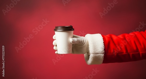 Festive Santa Claus Hand Holding Blank Coffee Cup Against Red Backdrop