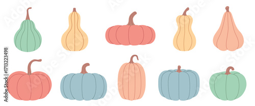 Collection of pastel pumpkins and gourds in flat illustration. Fall Vector Set. For Halloween, Thanksgiving, pattern, banner, packaging, card, autumn, harvest, seasonal, food, kids design. Hand drawn.