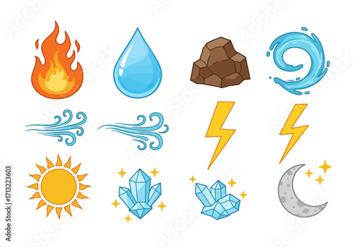 Element symbols include fire water earth air lightning sun crystals and moon icons