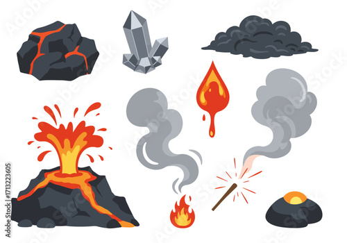 Elemental icons depict lava volcano crystals smoke and fire conveying forces of nature