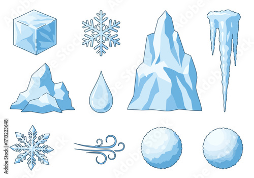Illustration icy cube snowflake ice formations icicle water drop wind snowballs