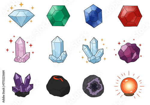 Image shows twelve mineral gems varying in color cut sparkle crystal structure and form