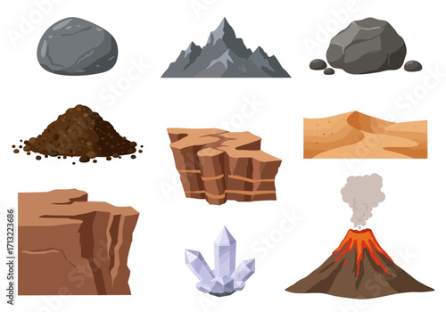 Nine geological formations rocks mountain range soil mesas dunes cliff crystals and a smoking volcano