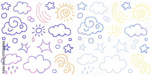 Whimsical hand drawn weather icons and symbols with pastel colors on white background