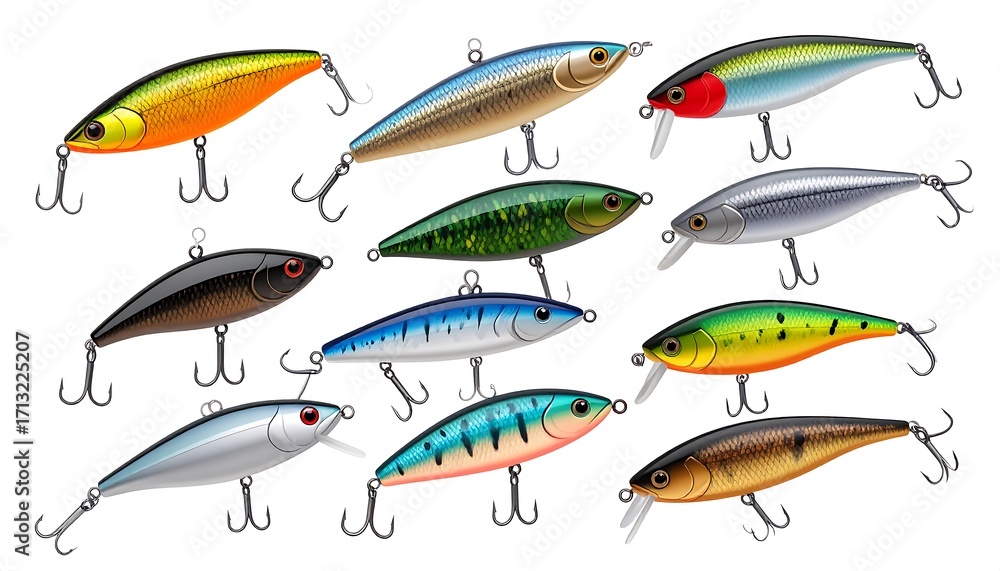 Fototapeta premium Collection of various colorful fishing lures, showcasing realistic designs and vibrant hues against a plain white background.