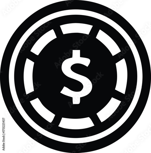 Bold black and white dollar sign chip icon representing money wealth and casino gaming