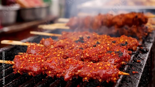 Close up suya beef skewers seasoned spices grilling cinematic UHD handheld African street food lifestyle stock video. spiced bovine kebab barbecue ultra high definition handheld