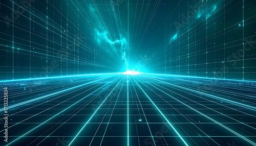 Wallpaper Mural A futuristic pathway, highlighted by vibrant turquoise lines, stretches into a digitally rendered space filled with glowing grids and scattered light particles. Torontodigital.ca