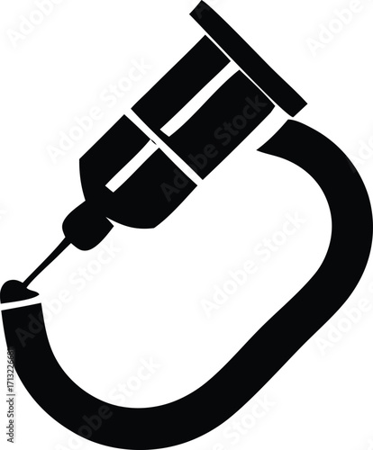 Medical syringe icon graphic design with tube for healthcare and pharmaceutical industry applications