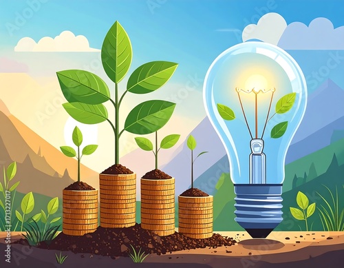 Growing plants from coins, lightbulb in background