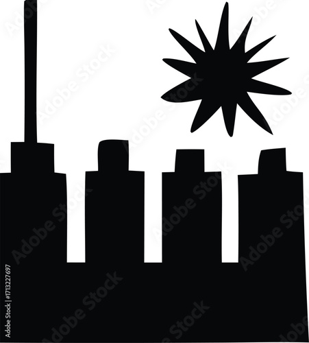 Silhouette of a city skyline with a stylized sun shining brightly above modern buildings and a tall antenna creating a dramatic urban panorama