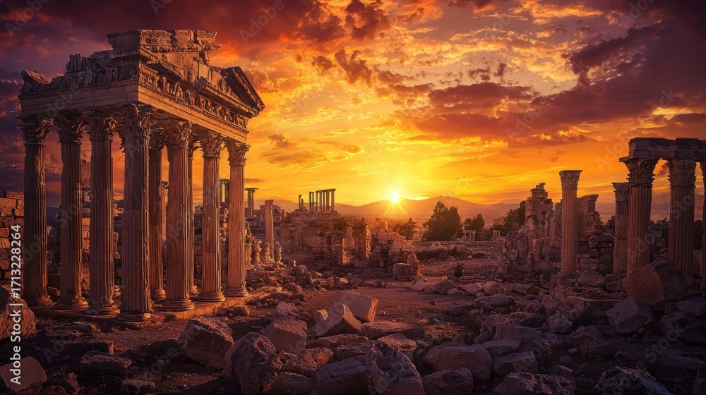Fototapeta premium Sunset over ancient ruins, columns, stones, and dramatic sky.