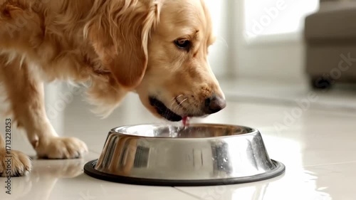 Close up dog drinking water stainless steel bowl cinematic UHD handheld pet wellness lifestyle stock video. canine hydration metallic dish potable liquid ultra high definition