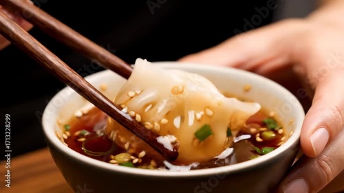 Close up dumpling dipped spicy chili oil sauce cinematic UHD handheld Chinese cuisine lifestyle stock video. savory wonton plunge fiery pepper infusion filmic ultra high definition