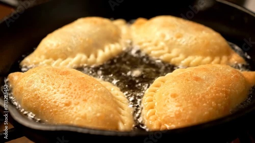 Close up empanadas frying golden brown pan cinematic UHD handheld South American street food stock video. savory turnover cooking browned skillet handheld