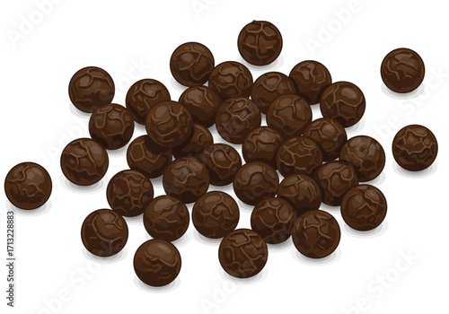 A heap of brown peppercorns scattered on a white surface