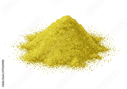 A mound of yellow granular material spread loosely on a white background
