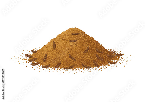 A pile of brown cumin seeds with scattered granules on a white background