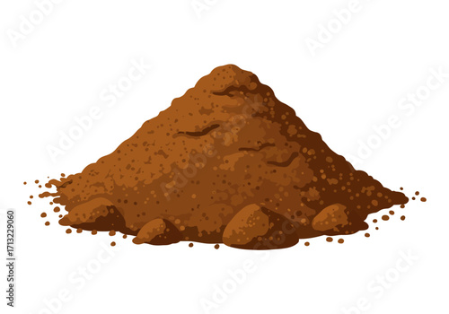 A pile of brown material seemingly dirt or soil arranged in a conical mound against a stark white background