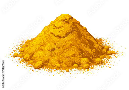A mound of yellow powder with varying granular textures resting against a white background