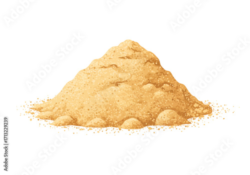 A pile of granular goldentan material possibly sand or gravel lit on a white background