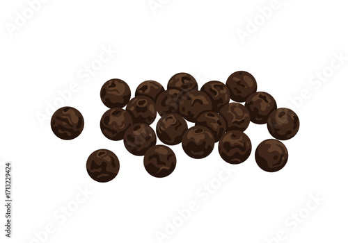 A pile of scattered black peppercorns each speckled with textured highlights against a plain white background