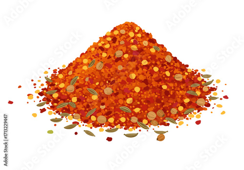 A pile of red pepper flakes mixed with yellow  tan circular granules and greenish brown oblong seeds on white