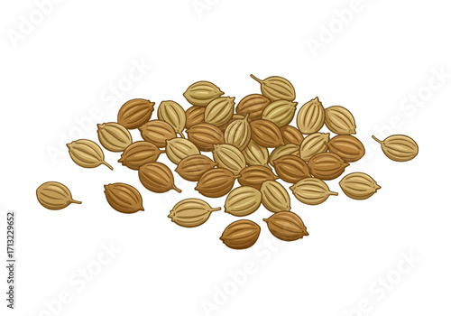 A scattered pile of coriander seeds with varied shades of brown and tan