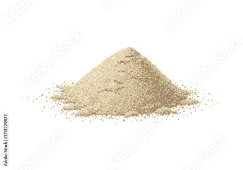 A tan pile of sand is shown on a white background scattered granules