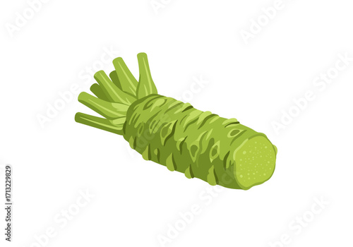 A vibrant green wasabi rhizome with stems extending from the top