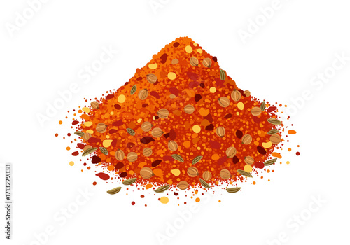 A vibrant mound of mixed spices and seeds predominantly reddishorange rests on a white background