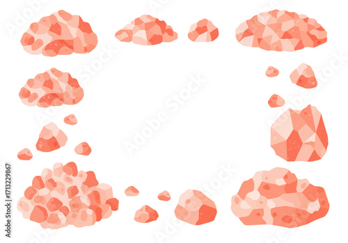 An arrangement of abstract coralcolored rock formations forms a loosely defined rectangle on a white background