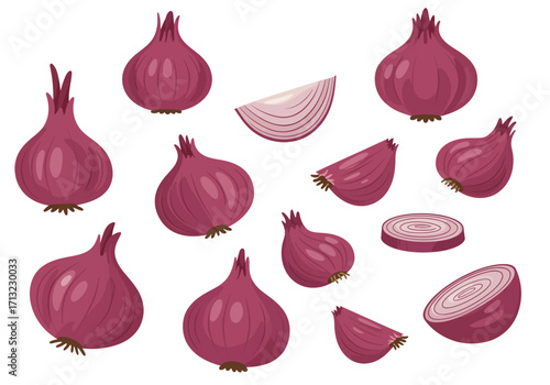 Cartoonstyle red onion collection whole halved and sliced