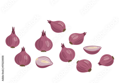 Collection of red onions some whole some sliced arranged on a white background