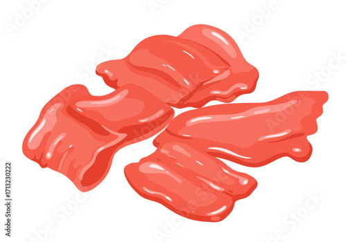 Glossy irregularly shaped pieces of red food item arranged haphazardly on a white surface