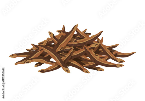 Pile of brown hollow pointed objects with lighter insides