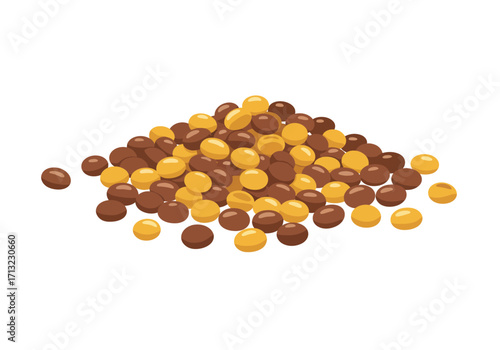 Pile of brown  yellow candy coated chocolates resembling Reeses Pieces in a disordered heap