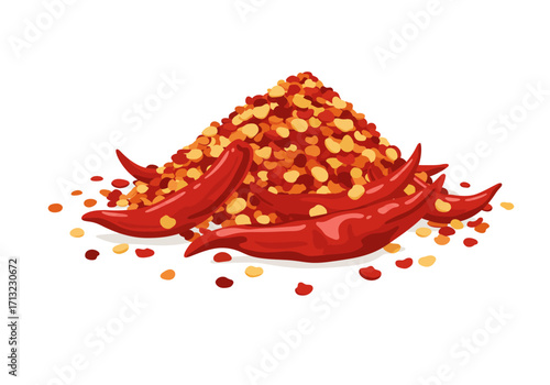 Pile of crushed red pepper flakes and whole chili peppers on a white background