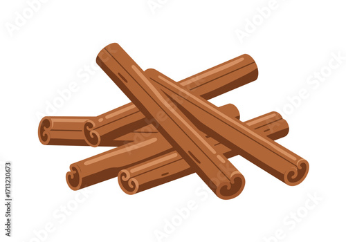 Pile of cylindrical cinnamon sticks in a crosshatch pattern on a white background