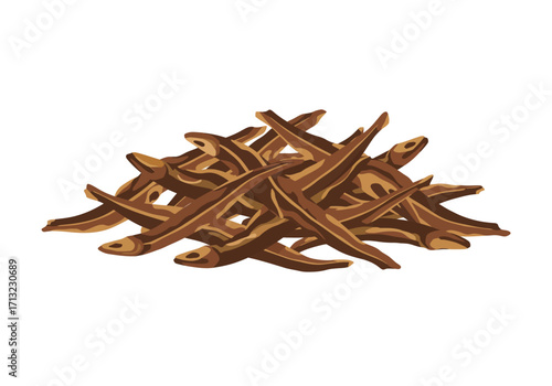 Pile of dried brown anchovies with tan stripes arranged randomly