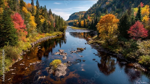 Magnificent colorful Fall day in Jacques Cartier river park, Quebec, Canada. High quality